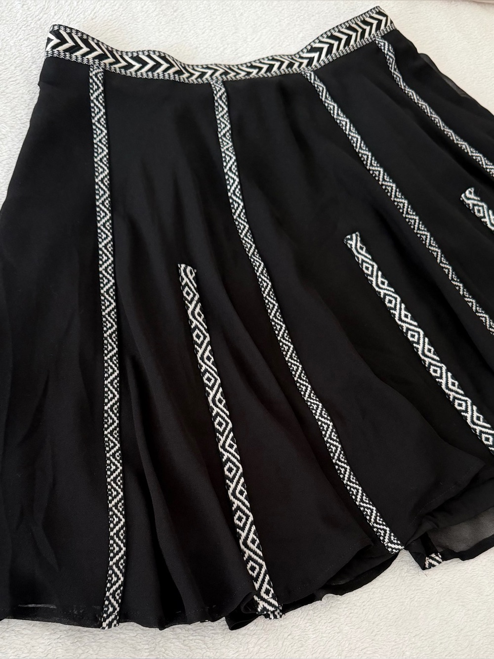 Black Flared Skirt with White Geometric Trim